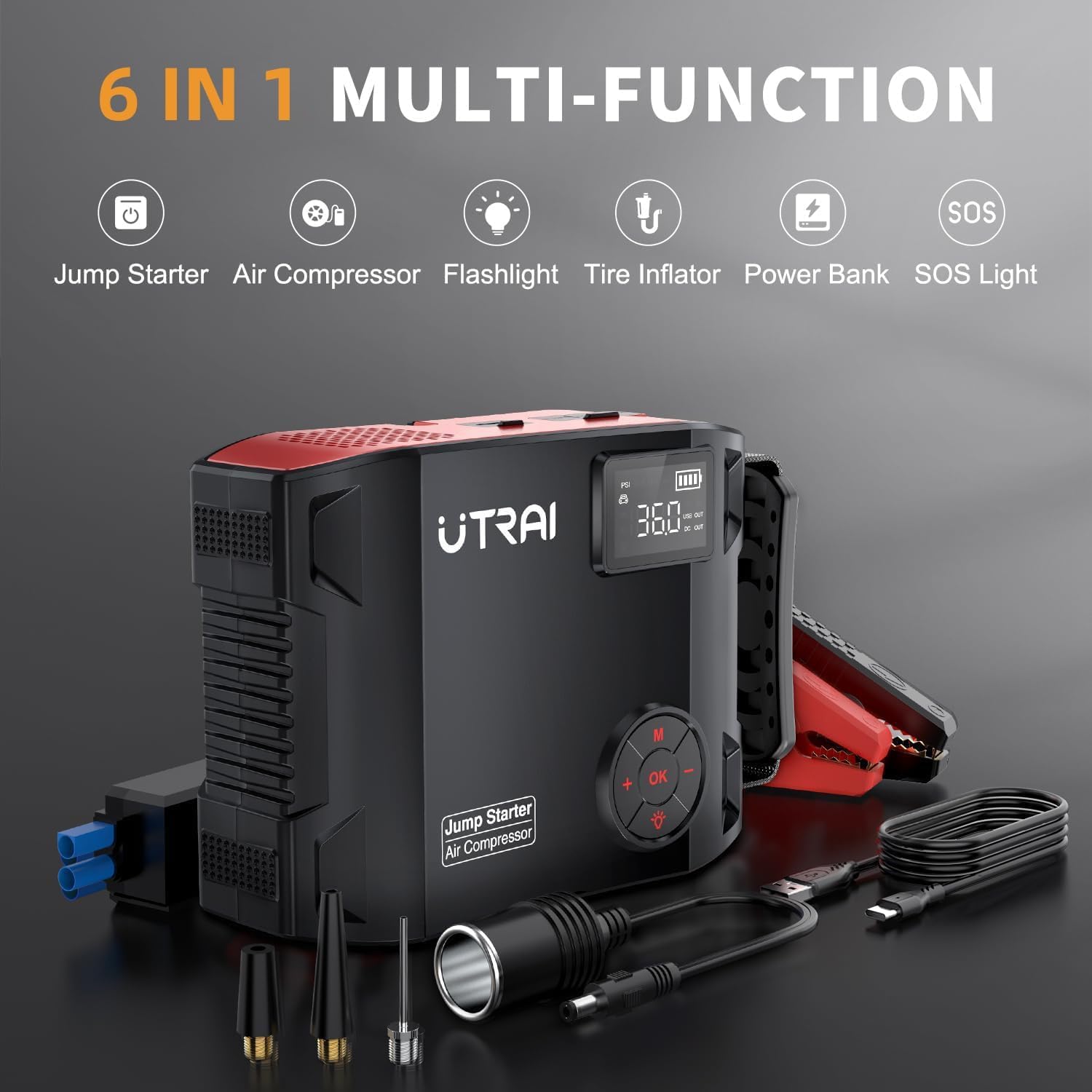 6500A Jump Starter Power Pack with Air Compressor,UTRAI Car Battery Booster Jump Starters with 18W Fast Charging/1600 Lumens LED Flashlight/160 DC OUT,Powerbank Charger for All Gas/12L Diese