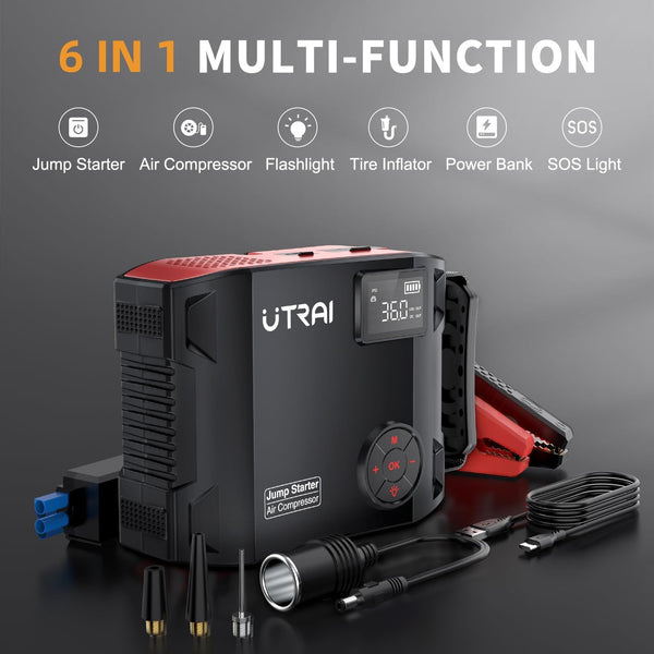 6000A Jump Starter Power Pack with 150PSI Air Compressor,UTRAI 27000mAh 12V Portable Emergency Car Battery Booster Jump Starter for All Gas/8L Diesel,DC160W,QC3.0,18W Fast Charging,LED Flashlight