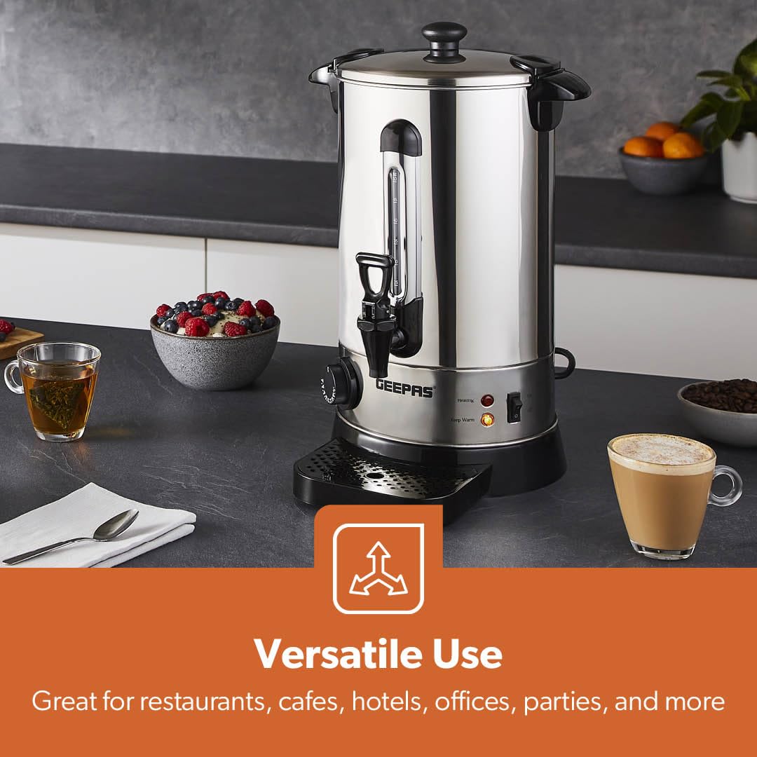 Geepas Electric Catering Urn, 1650W Instant Hot Water Boiler Dispenser - Tea Urn Kettle Home Brewing Commercial Office Use with Keep Warm - Easy Pour Tap, 15 Litre, Stainless Steel – 2 Year Warranty