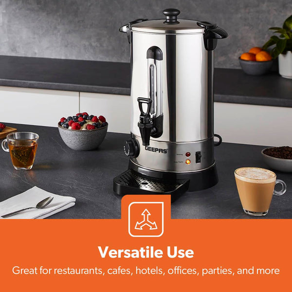 Geepas Electric Catering Urn, 1650W Instant Hot Water Boiler Dispenser - Tea Urn Kettle Home Brewing Commercial Office Use with Keep Warm - Easy Pour Tap, 15 Litre, Stainless Steel – 2 Year Warranty