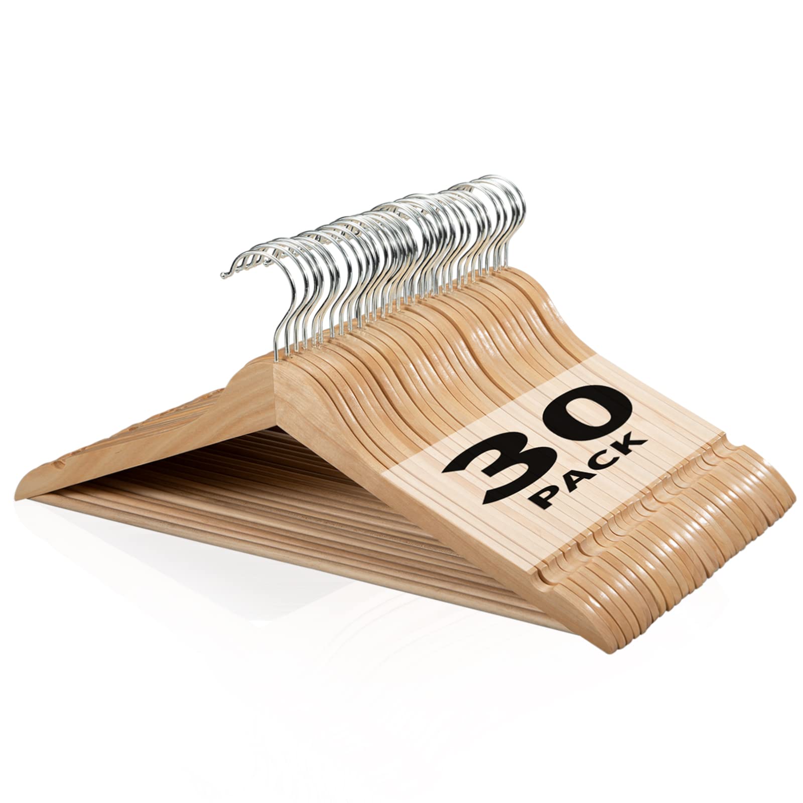 Edergoo Wooden Hangers 30 Pack, Smooth Surface Wooden Coat Hangers Adult, 360 Swivel Hook and Precisely Cut Notches Hangers for Clothes, Suit,