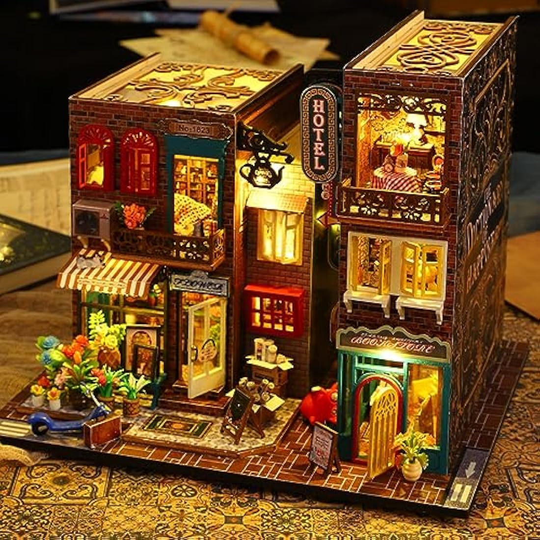 DIY Book Nook Kit - DIY Miniature Dolls House Kit with Furniture and LED Light, 3D Puzzle Wooden Art Bookends, Model Kits for Adults to Build (SCARBROUGH)
