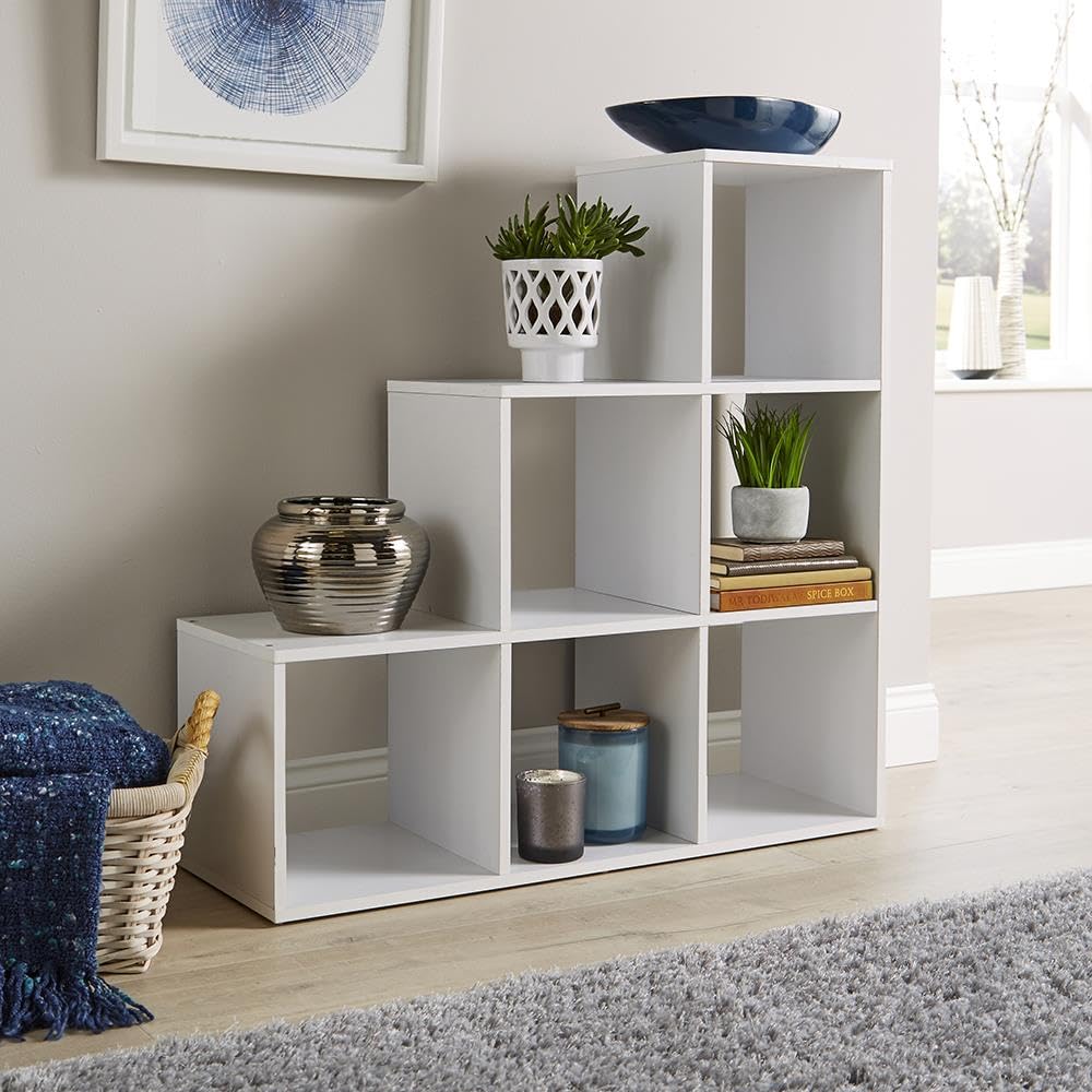 Home Source Step Style Storage 6 Cube Bookcase Wooden Display Staircase, White