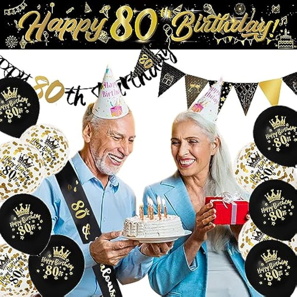 14 Pieces 80th Happy Birthday Decorations Kit, Birthday Party Decoration Including Party Supplies Birthday Straps 9ft Banner Triangle Flags Confetti Latex Balloons