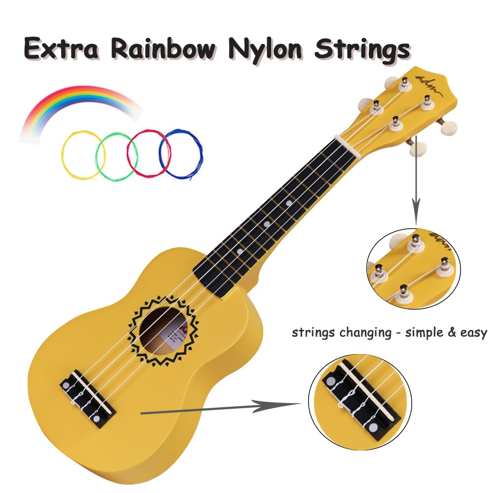 ADM Soprano Ukulele Set for Kids and Beginners, Ukulele Starter Kit with Bag, Clip-On Tuner, Rainbow Strings, Colourful Strap, Plectrum, Fingerboard Sticker, Chord Card (Dark Blue)