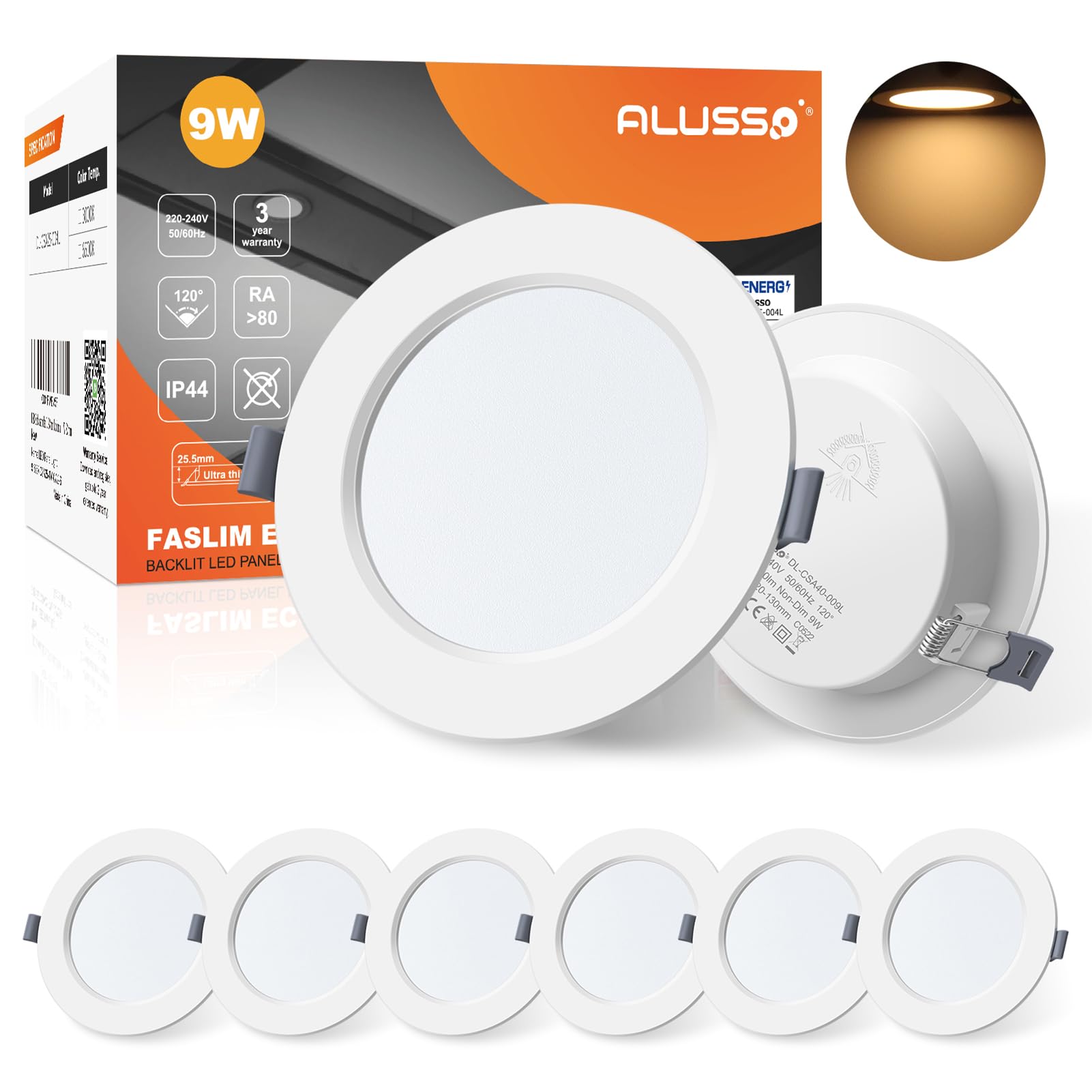 ALUSSO LED Downlights Ceiling 9W Ultra Slim Recessed Ceiling Lights, Warm White 3000K IP44 Spotlights Ceiling Lights for Kitchen Bathroom, 6 Pack