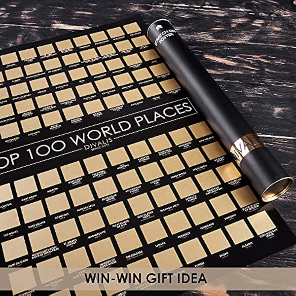 2 in 1 Large Gift Set - Scratch off World Map and Poster Scratch off Top 100 Places to Visit in the World - Best Places I`ve Been Map - Globetrotter Poster of Places Where You've Been - Bundle of Two