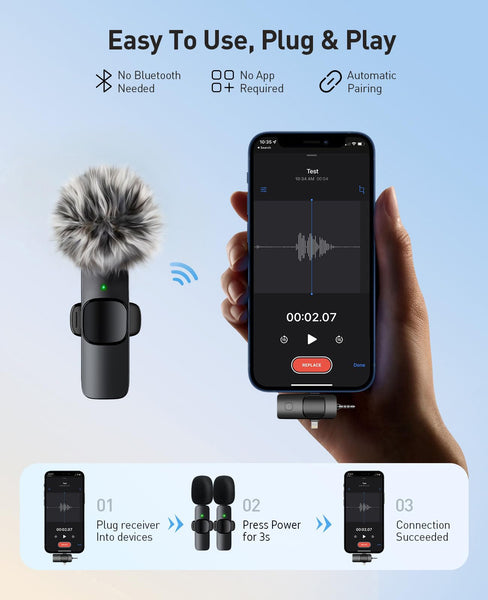 MENERESAS Mini Microphone for iPhone/Android: 3-in-1 Wireless Lavalier Microphone with Noise Reduction and Crystal Sound for Camera, Professional Video Recording, YouTube, TikTok