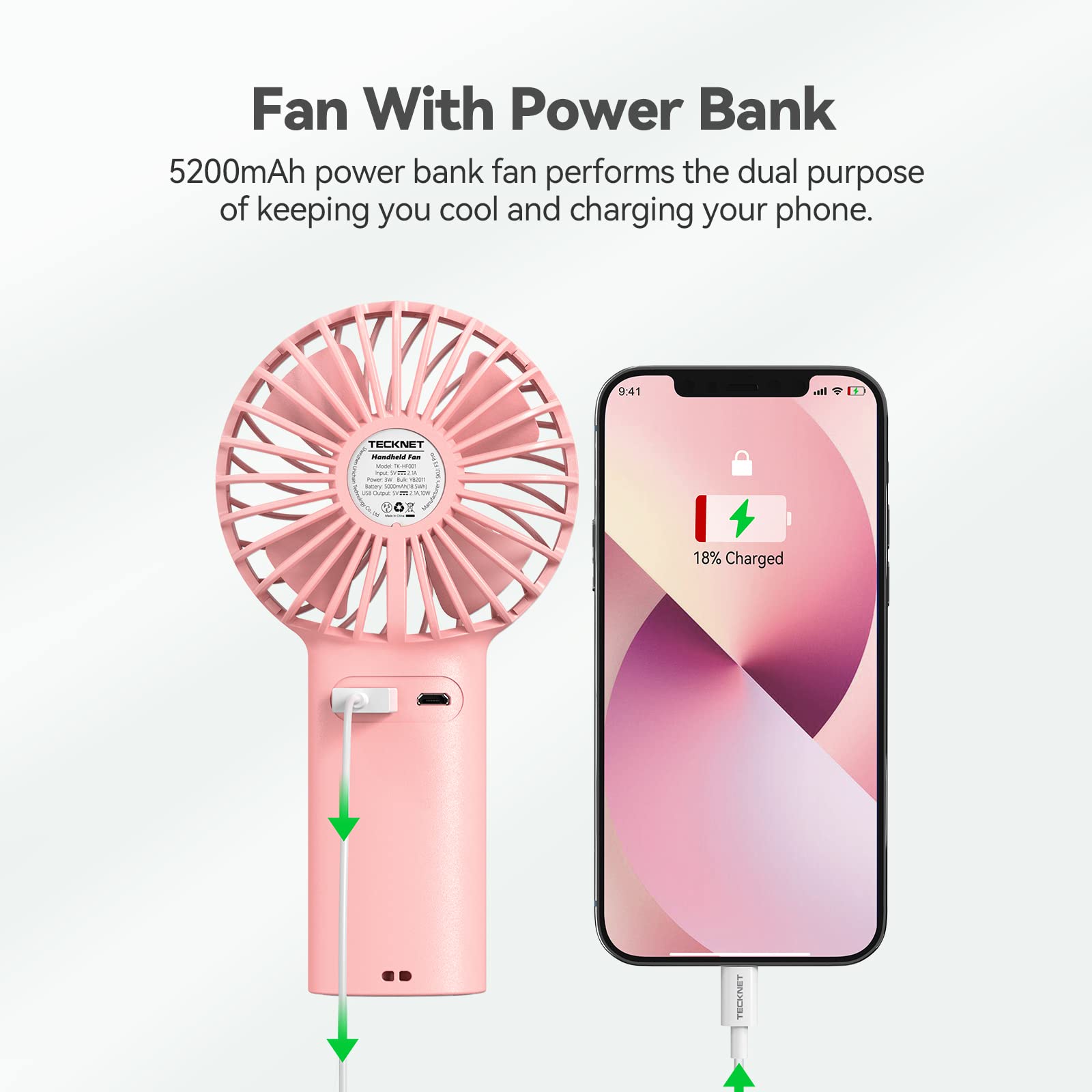 TECKNET Handheld Fan, Portable USB Hand Held Fans Rechargeable Mini with 7000mAh Power Bank, Mini Personal Electric Fan 3 Adjustable Speed Desk Fan for Home/Office/Travel (White)