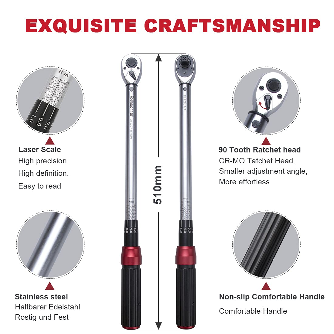 FOURROBBER Torque Wrench Set 1/2-inch Drive Click Bicycle Torque Wrench Dual-Direction Adjustable 90-Tooth Torque Wrench with Buckle 20-220Nm,Accuracy ± 3% Visit The Store