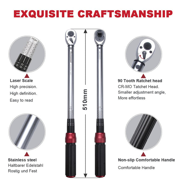 FOURROBBER Torque Wrench Set 1/2-inch Drive Click Bicycle Torque Wrench Dual-Direction Adjustable 90-Tooth Torque Wrench with Buckle 20-220Nm,Accuracy ± 3% Visit The Store