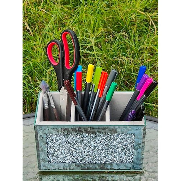 EagleWiz Crushed Diamond Jewel Brush Holder Organiser Beauty Box, 3 Compartment Makeup Storage Box, Silver