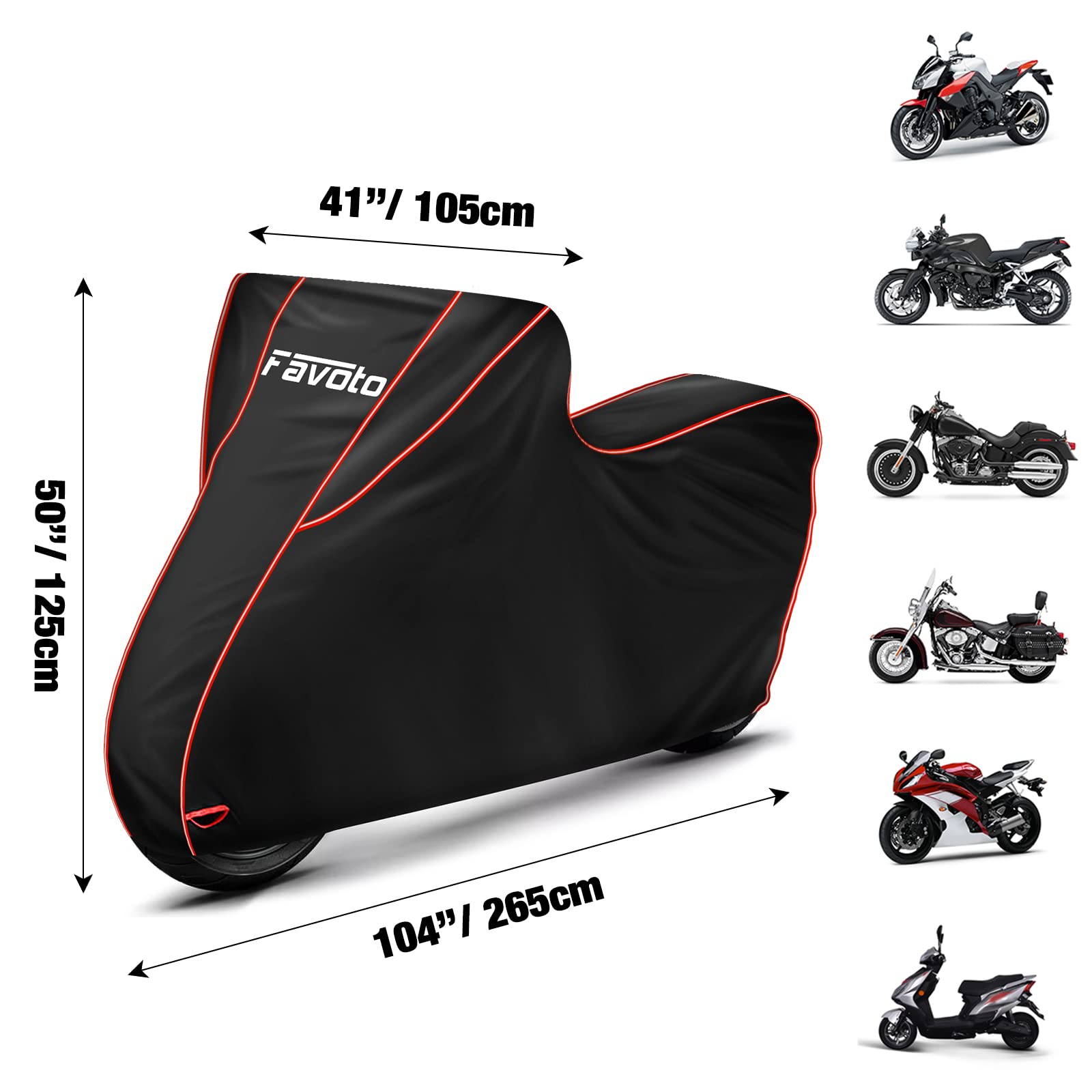 Favoto Waterproof Motorcycle Cover 300D Oxford with PU Coating, Rain Snow Dust Wind Resistant Outdoor Protection, Reflective Strips, Fits Motorbikes up to 104 inch / 265 cm, Red