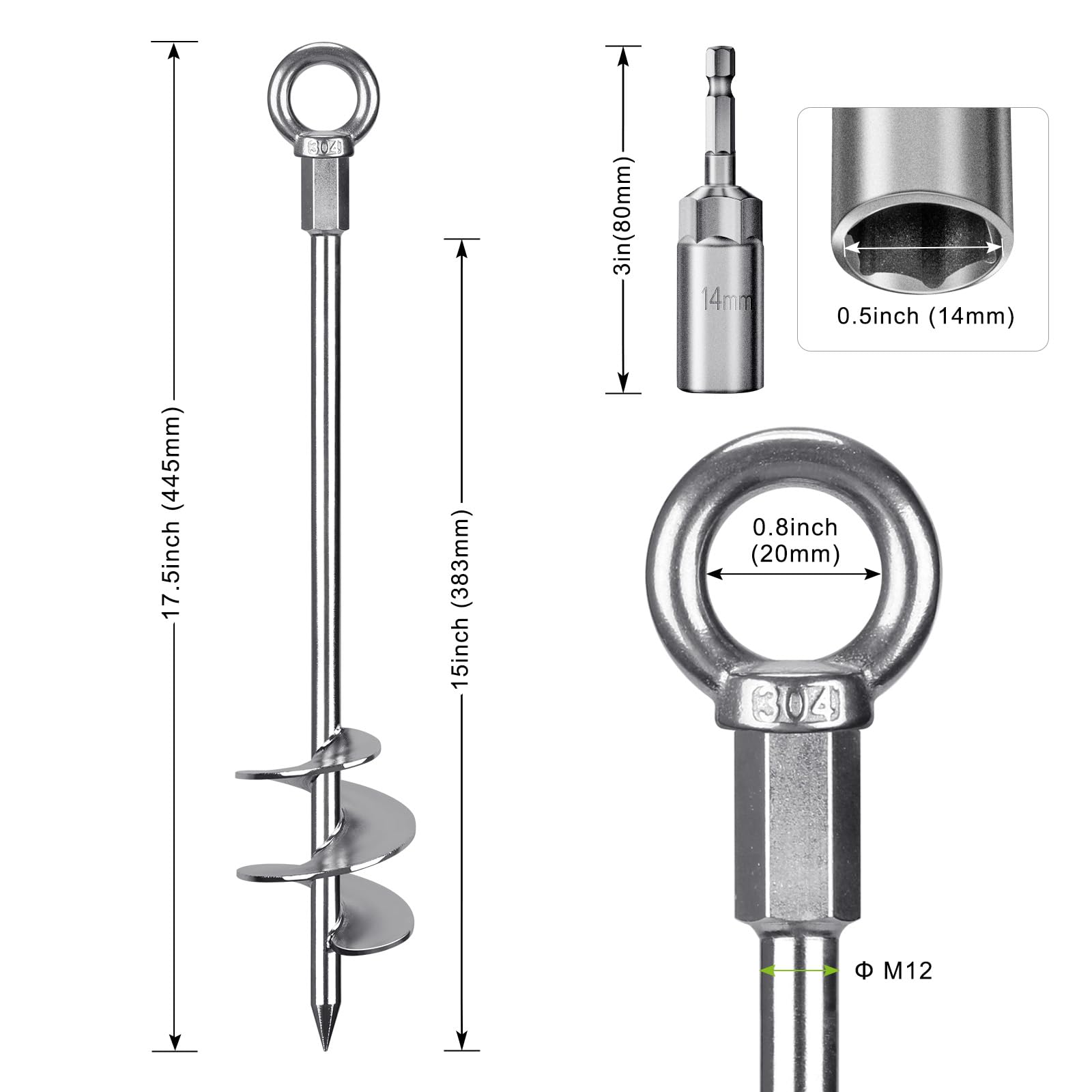 Insaga Tent Peg, 45cm Heavy Duty Ground Anchor Large Metal Earth Stake Spiral Blade Screw in Trampolines Spike for Swing Set/Camping/Shed/Dog/Carport