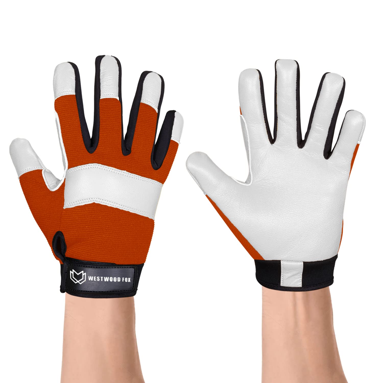 WESTWOOD FOX Gardening Working Gloves Garden Thorn Proof Flexible Heavy Duty Leather Mechanic Utility Dexterity Breathable Construction Gloves for Work Mens Women (Metallic Orange, L)