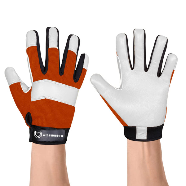 WESTWOOD FOX Gardening Working Gloves Garden Thorn Proof Flexible Heavy Duty Leather Mechanic Utility Dexterity Breathable Construction Gloves for Work Mens Women (Metallic Orange, L)