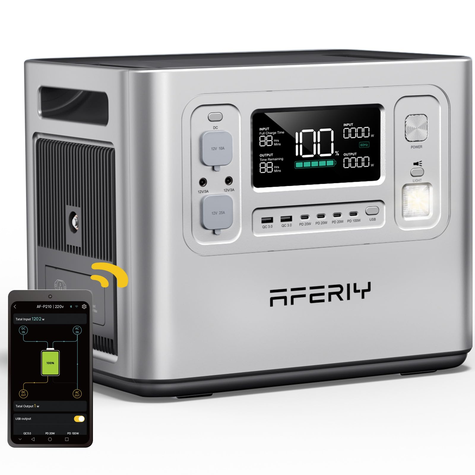 AFERIY Portable Power Station 2400W, 2048Wh Solar Power Station Control Via App, 13 Output Ports, 4 Input Ways, 3x 230V AC Outlets, LiFePO4 Battery, Solar Generator for Travel/Camping/Home Backup