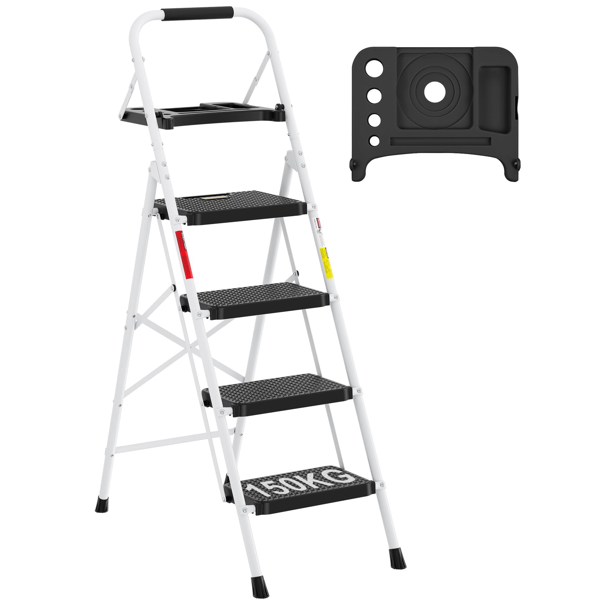 BONTEC 4 Step Ladder Folding, Heavy Duty Foldable Step Stool with Wide Anti-Slip Pedals, Sponge Handrail and Tool Tray, Portable Household Ladder 150kg Capacity, Compact Collapsible Indoor Ladder