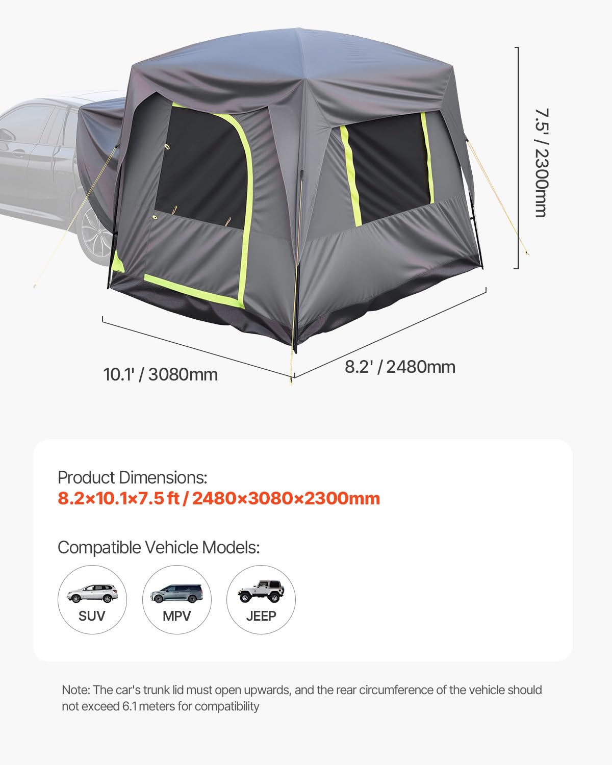 VEVOR Waterproof PU2000mm Spacious Double Layer Design, SUV Camping Tent with Shade Awning and Mesh Windows, Includes Rainfly and Storage Bag