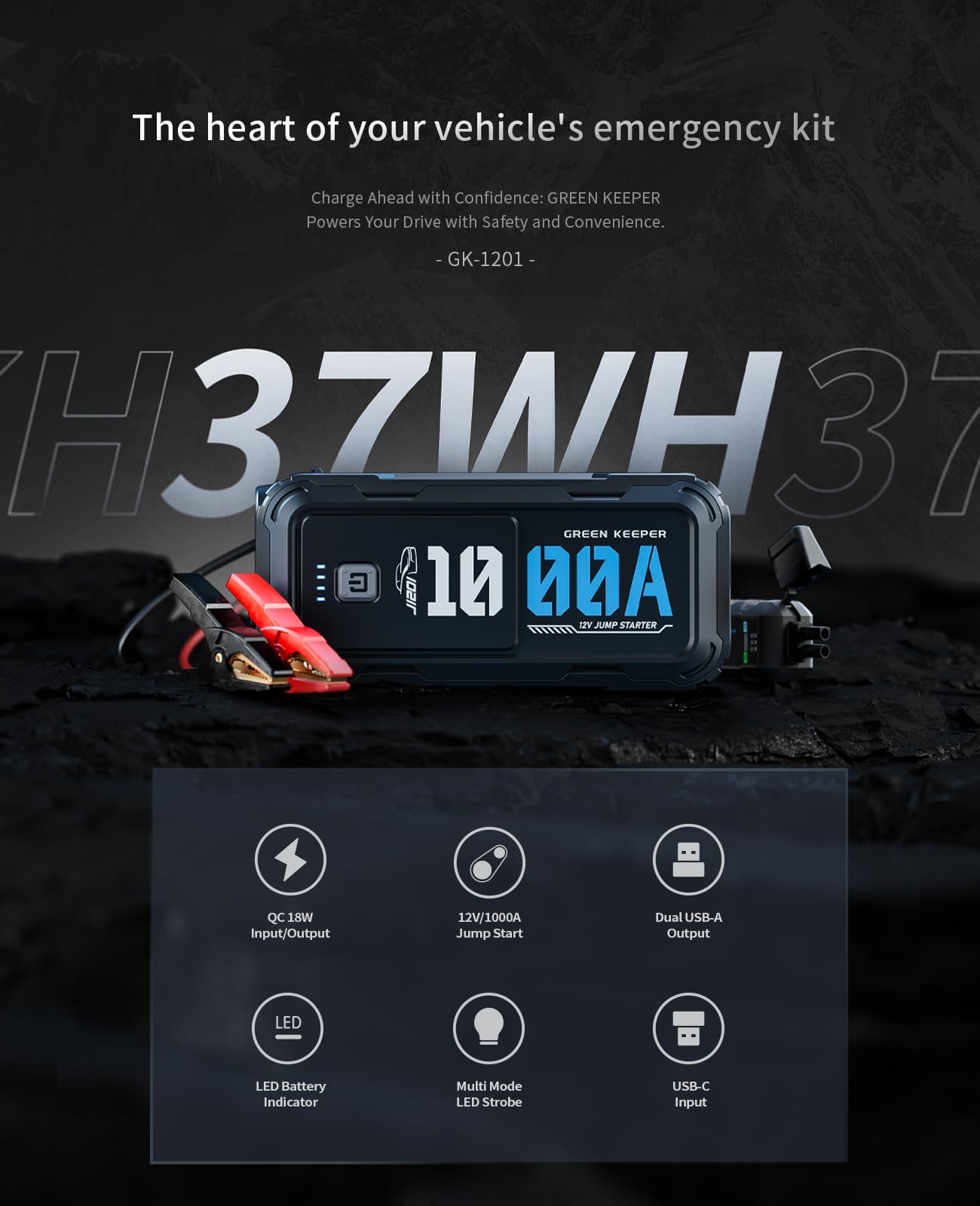 Jump Starter Power Pack Car Battery Starter 2000A 12V for 7.0L Gas & 6.5L Diesel with 12V/6A Output Extension Port, Portable Car Battery Booster 16000mAh Power Bank, High-Efficiency for All Weather