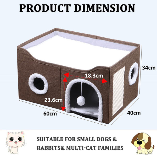 ERNAN Cat Beds for Indoor, Foldable Cat House,Large Soft Cave Bed with Scratching Board for Small Medium Pets (Brown, M)