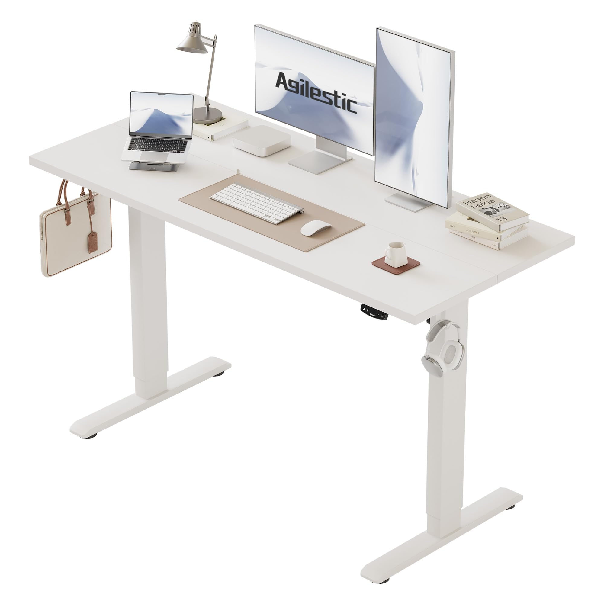 Agilestic L-Shaped Electric Standing Desk, 140cm Height Adjustable Sit-Stand Desk for Home Office, Ergonomic Computer Desk with Spliced Board, White