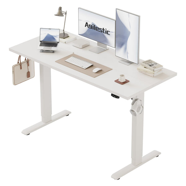 Agilestic L-Shaped Electric Standing Desk, 140cm Height Adjustable Sit-Stand Desk for Home Office, Ergonomic Computer Desk with Spliced Board, White