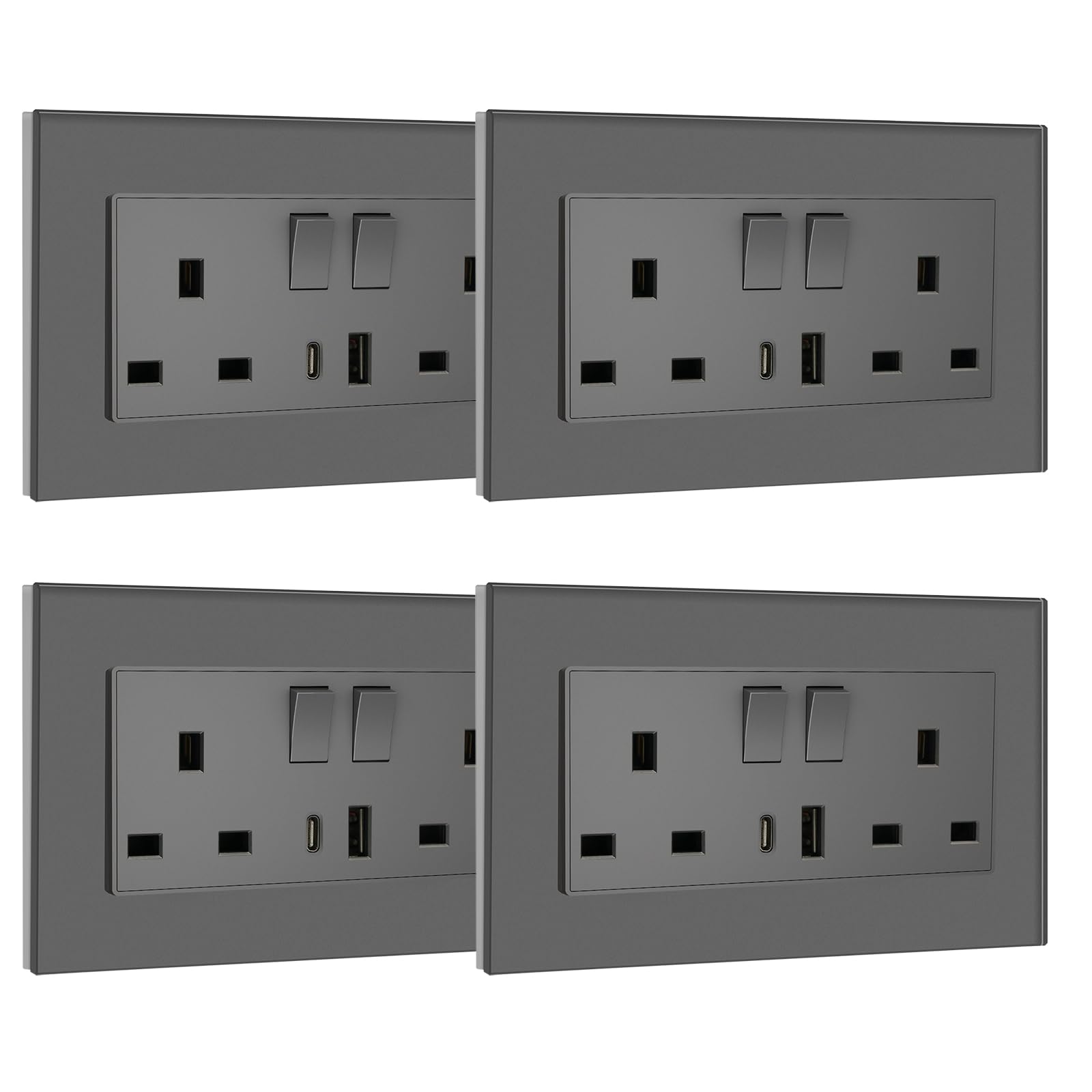 BSEED Double Socket 13A with LED Indicator, Double Switched Wall Socket 2 Gang UK Standard, Electric Switched Plug Power Wall Outlet with Glass Panel, Grey