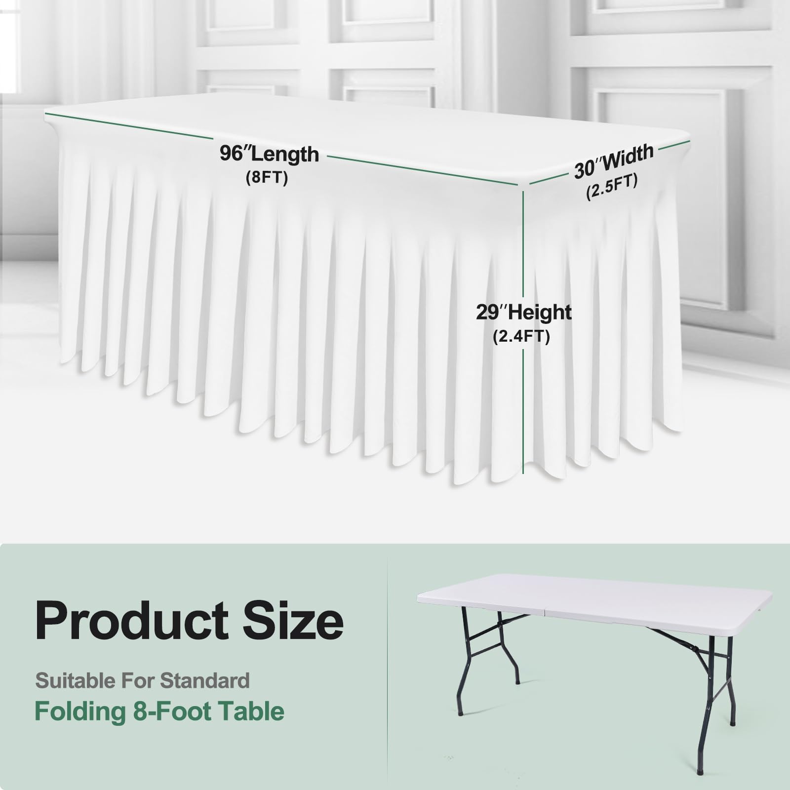 BDDC Rectangle Table Skirts - 8ft One Piece White Table Cover with Wrinkle Resistant Ruffles for Banquets, Weddings & Parties