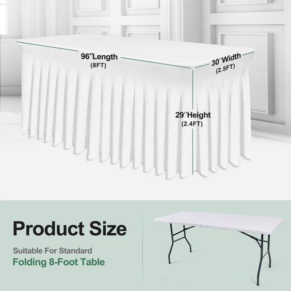 BDDC Rectangle Table Skirts - 8ft One Piece White Table Cover with Wrinkle Resistant Ruffles for Banquets, Weddings & Parties