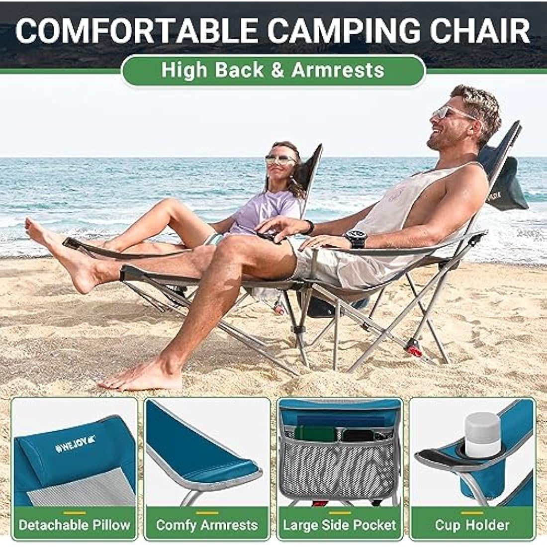 #WEJOY Camping Chairs Folding Recliner Chair Adjustable with Detachable Footrest Headrest Cup Holder Lightweight Portable Reclining Camp Chair Fold Up Chair for Outdoor Beach Garden, Cyan Set of 2