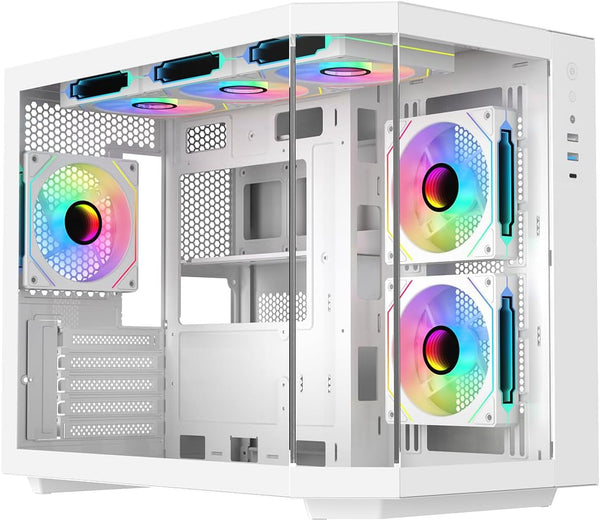 IONZ APEX Vision - PC Gaming Case, M/ATX Mini Tower, Dual Chamber with 6 ARGB PWM Fans - LCD Screen | Supports 240 mm AIO, White
