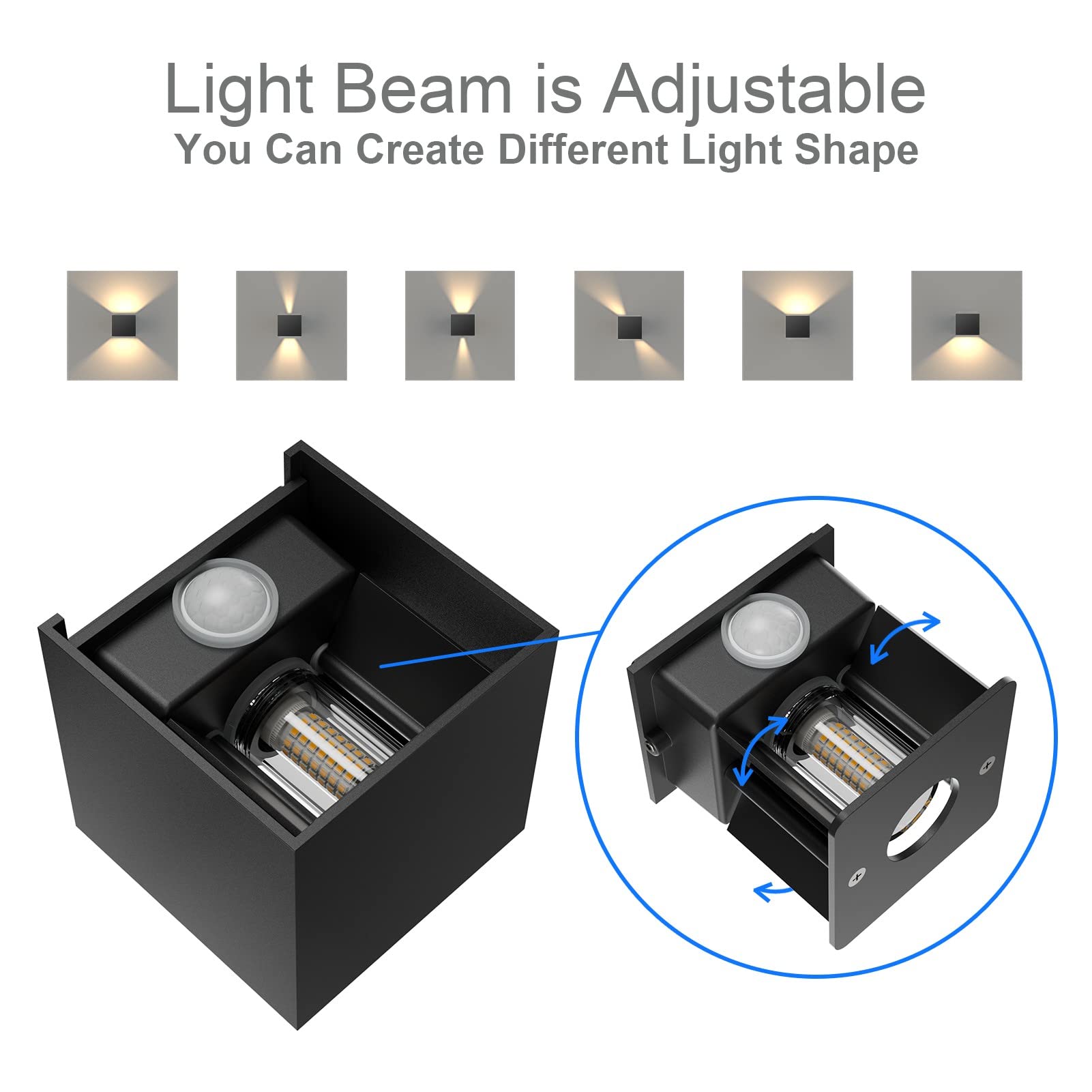 Klighten 2PCS Outdoor Wall Light with Motion Sensor, Waterproof IP54 Outside Wall Lamps with Sensor, Adjustable Beam Angle, Warm White 3000K, Black