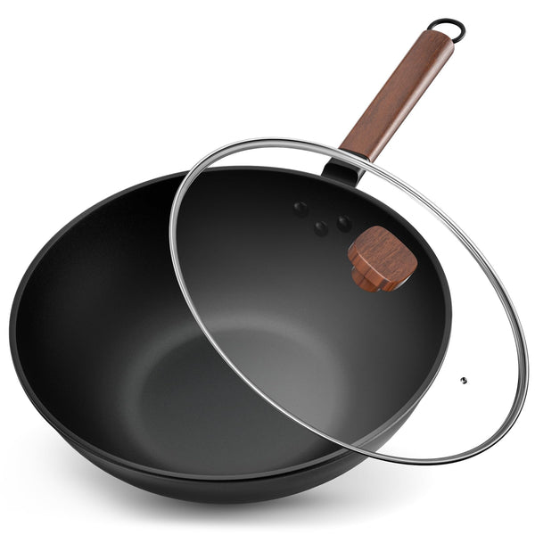 Jobin 13Inch/33cm Wok Non Stick with Lid Carbon Steel Wok and Large Capacity for Cook Asian Dishes for 4-6 People, Ideal for Induction, Gas, All Hobs