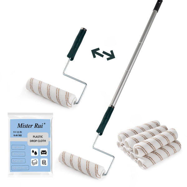 Mister Rui 10 pcs Paint Roller Set, 9" Microfiber Paint Rollers Kit, 9" Microfiber Paint Roller Set with Frame, Paint Rollers and Trays Set, Paint Brush for Walls & Ceilings