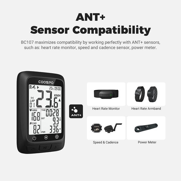 COOSPO ANT+ GPS Wireless Bike Computer with Bluetooth, Multifunction ANT+ GPS Bike Computer with 2.4 Inch LCD Display, Bike Speedometer with Automatic Backlight IP67