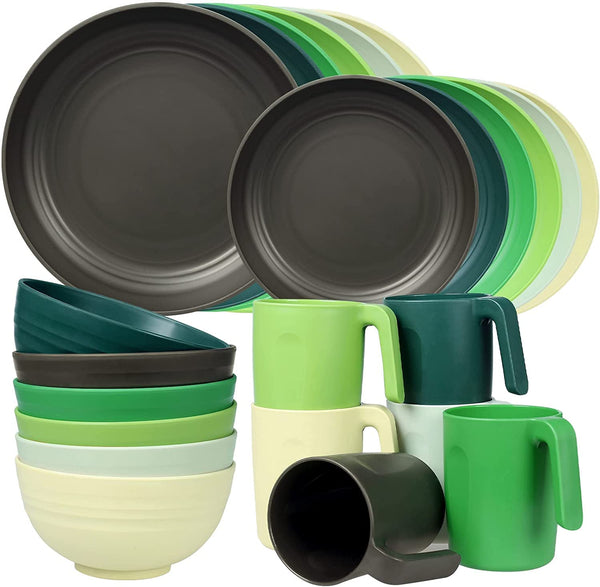 Greentainer Unbreakable Plastic Dinnerware Sets, 24PCS Lightweight Camping Tableware, Microwave& Dishwasher Safe Plates Set, Bowls, Cups Mugs, Service