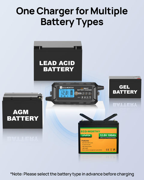 ECO-WORTHY 12V 10A LiFePO4 Battery Charger Automatic Smart and Maintainer (UK Plug) with LCD Display for Scooter Lead Acid and Lithium (LiFePO4) Battery