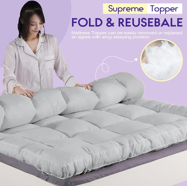 Mattress Topper Double Bed - 10CM Extra Thick Double Mattress Topper - 1000GSM Filling Fiber - Luxurious Comfort, Hypoallergenic, Elastic Straps Deep Pocket Thick