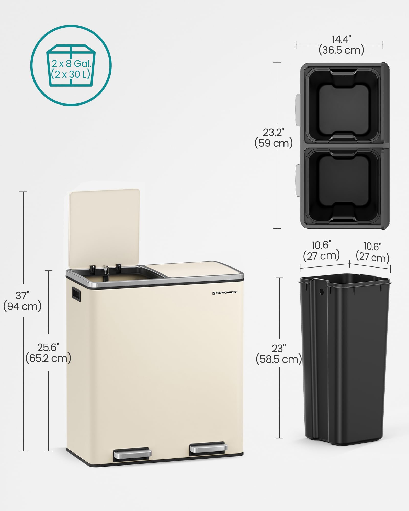 SONGMICS Dual Rubbish Bin, 2 x 30 L Recycling Bin with 15 Rubbish Bags, 2-Compartment Metal Pedal Bin with Lids and Plastic Inner Buckets, Soft Closure, Slate Grey LTB060G01