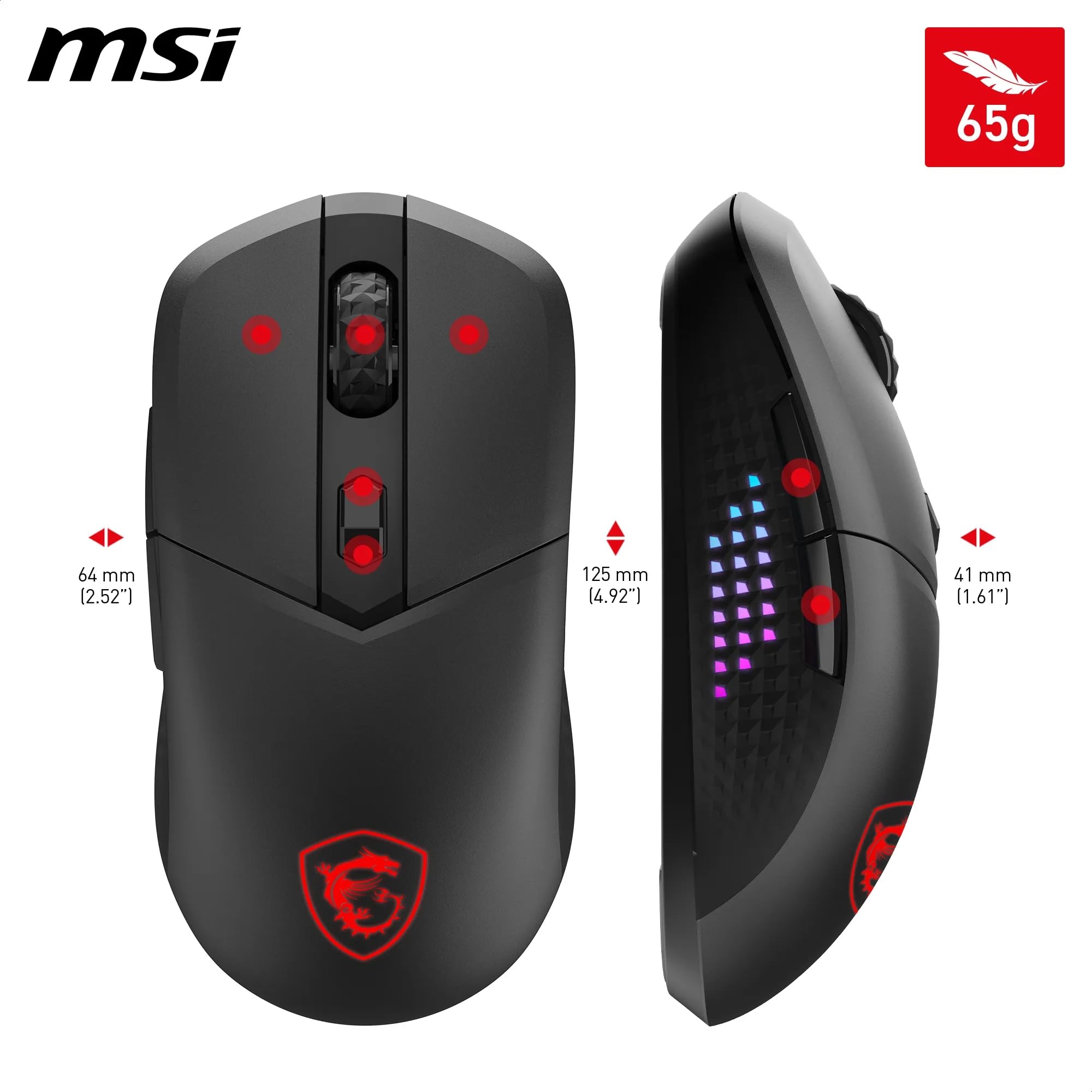 MSI CLUTCH GM51 LIGHTWEIGHT Gaming Mouse - 26000 DPI Optical Sensor, Elite 0.125ms Latency, 60M+ Click OMRON Switches, 6-Buttons, FriXionFree Cable, RGB Diamond LightGrips, 75g - Wired