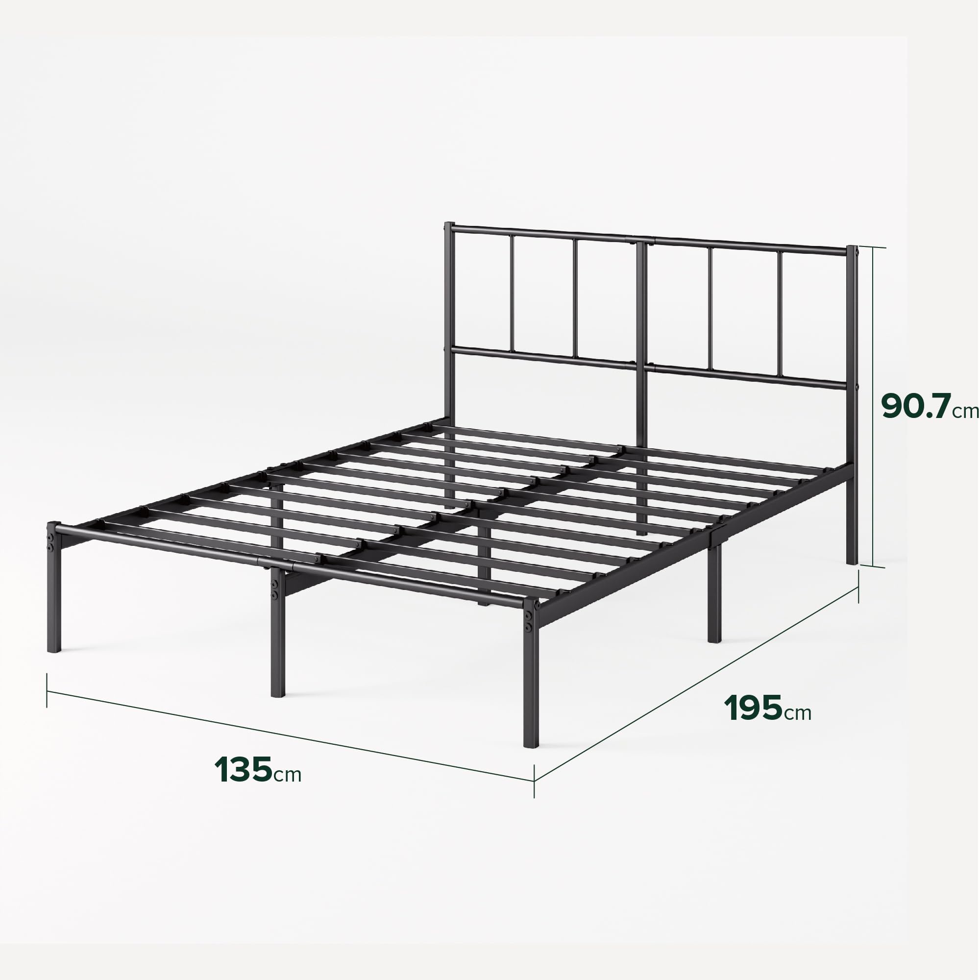 ZINUS Justin Double Bed frame - Bed 135x190 cm - 36cm Height - Metal bed frame with Underbed storage and steel slat support - Black