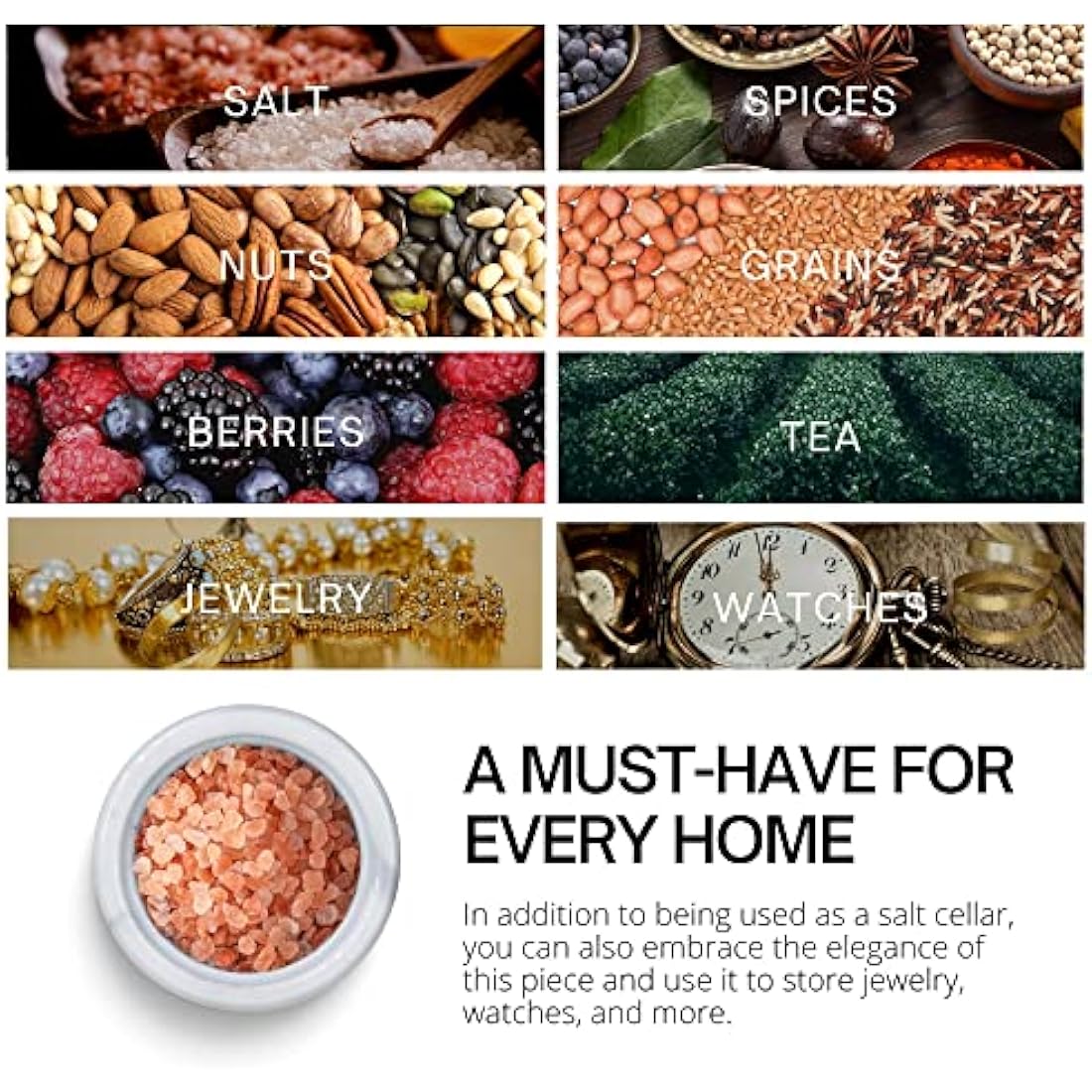 Flexzion Marble Salt Cellar with Lid - Salt and Pepper Bowls Dish Container for Kitchen - Marble Pepper Jar Storage Box Holder for Paprika, Herbs, Sugar, Jewelry & Watches (Set of 2, Black & White)