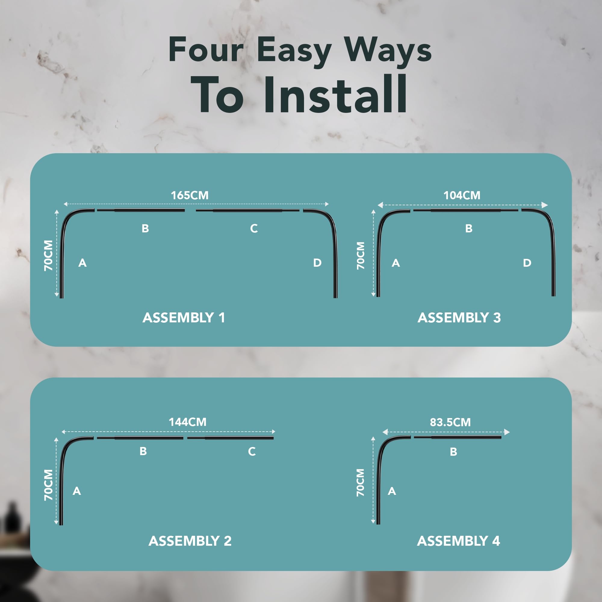 Erica U-Shaped Shower Curtain Rail, Black Powder Coated Steel, Wall Mounted, 70x165x70 cm