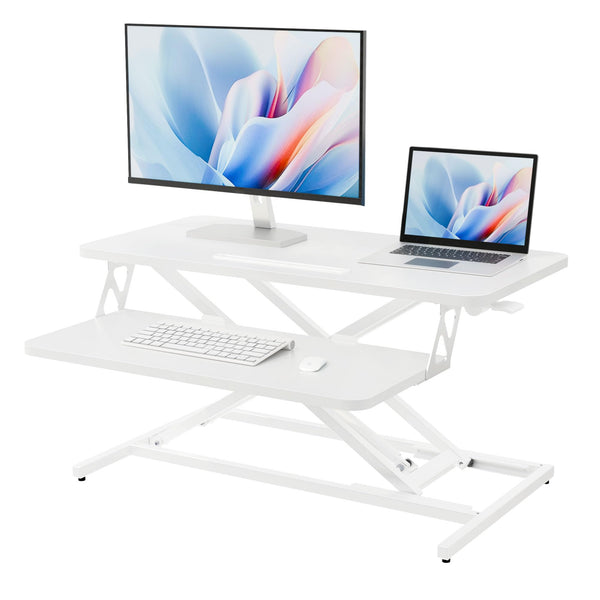 ERGOMAKER Height Adjustable Standing Desk Converter - 101cm (40 Inch) Wide Platform Tabletop Workstation - Quick Sit to Stand Desk Riser for Dual Monitors White