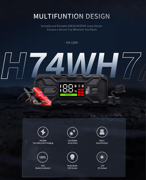 Jump Starter Power Pack Car Battery Starter 2000A 12V for 7.0L Gas & 6.5L Diesel with 12V/6A Output Extension Port, Portable Car Battery Booster 16000mAh Power Bank, High-Efficiency for All Weather