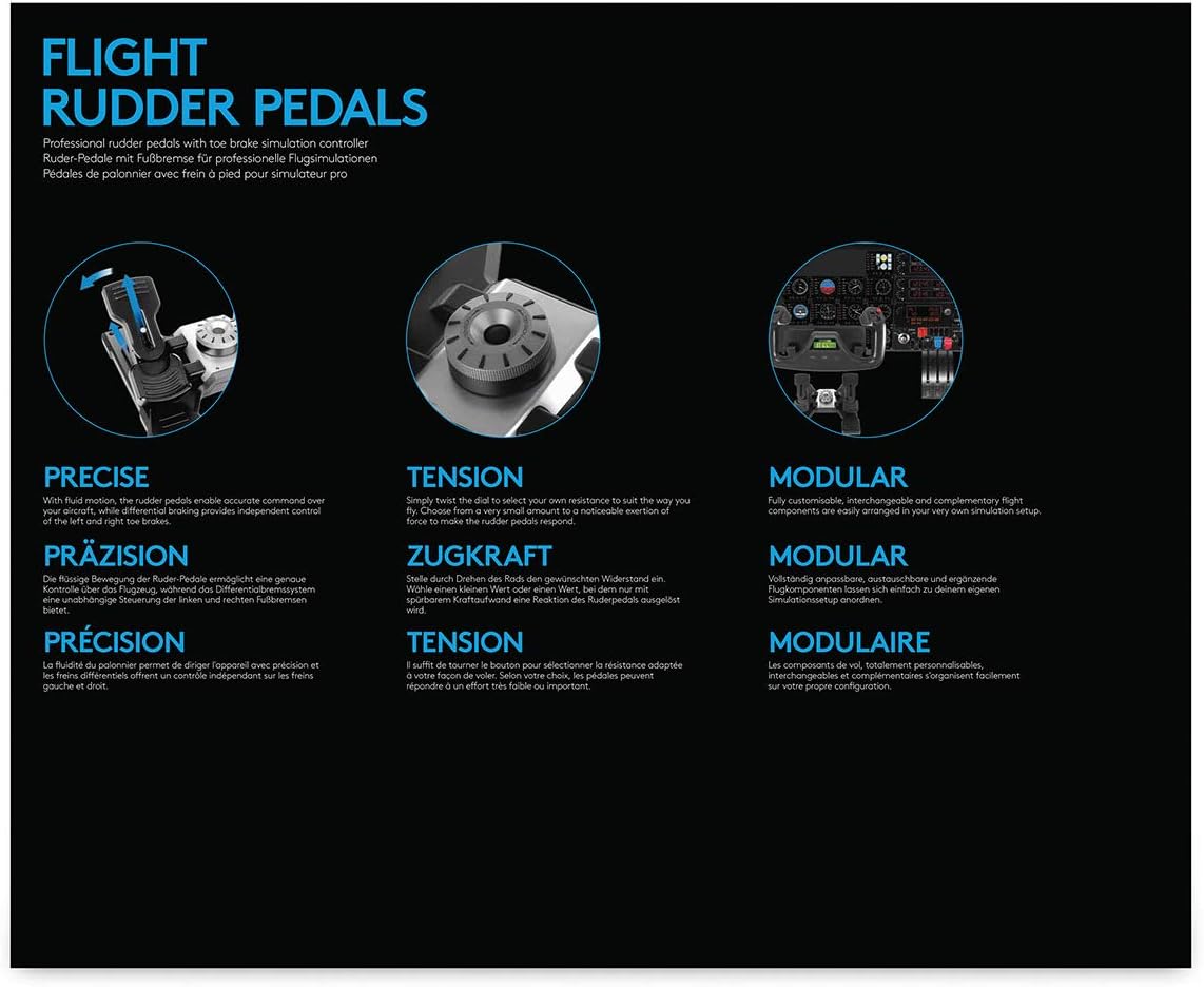 Logitech G Saitek PRO Flight Rudder Pedals, Professional Simulation Pedals with Toe Brake, Non-Slip, Precise Fluid Control, Ajustable Tension Dial, PC - Black