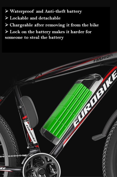 Eurobike EMTB 26 Inch Wheel Electric Mountain Bike with 27 Speeds, Dual Disc Brakes, Lightweight Aluminium Frame, and Front Suspension E-Bike E9, Black