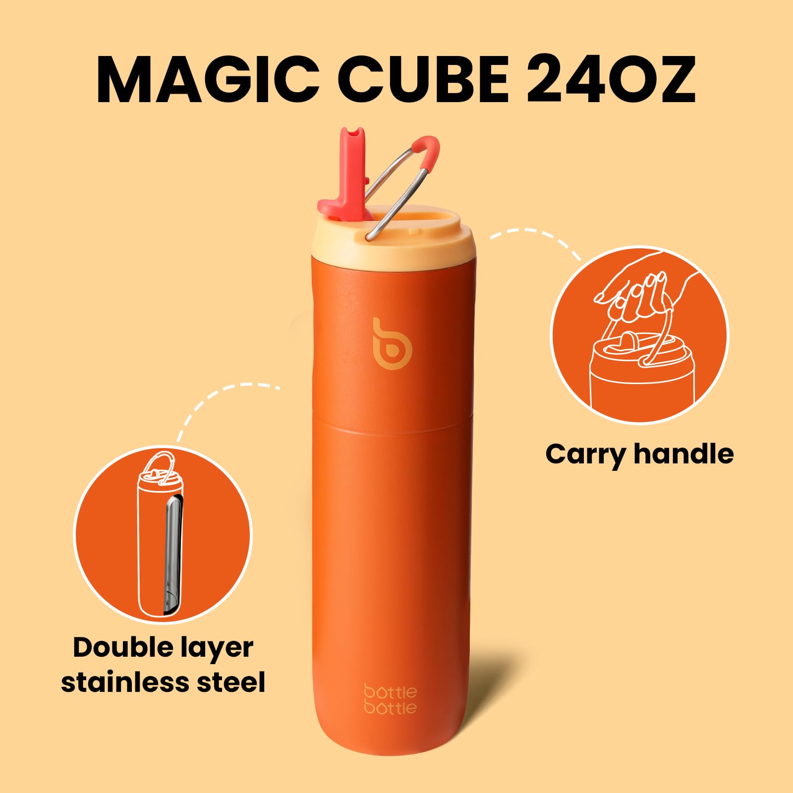 Insulated Water Bottle 700ml(24oz) with Straw, Lid, and Handle - Stainless Steel Sports Travel Gym Bottle for Men and Women (Skiing)