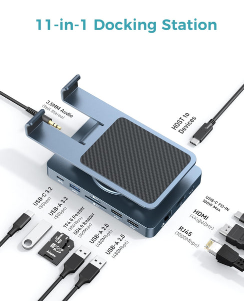 360° Rotating iPad/iPad Pro USB C Docking Station, 11-in-1 with SD TF 4.0 Reader, 4K@60Hz HDMI, RJ45, Audio, USB A, USB C, For Tablet, Steam Deck, ROG Ally, Legion Go, Msi Claw, Samsung, etc